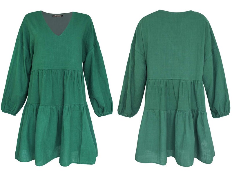 FANCYINN Women Shift Tunic Ruffle Dress Long Lantern Sleeves Babydoll V Neck Swing Mini Dark Green Cocktail St Patricks Day Dress XL - Image 5